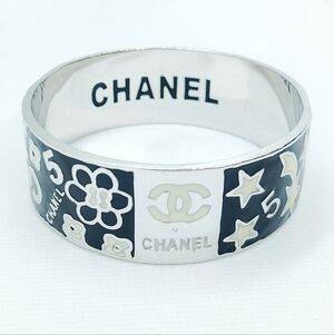 Chanel No. 5 Heavy Silver Black And Cream Enamel Bangle Bracelet